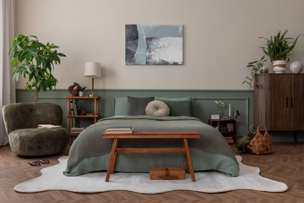 Come arredare una camera da letto? 2 Immagine di camera da letto verde con tavolino