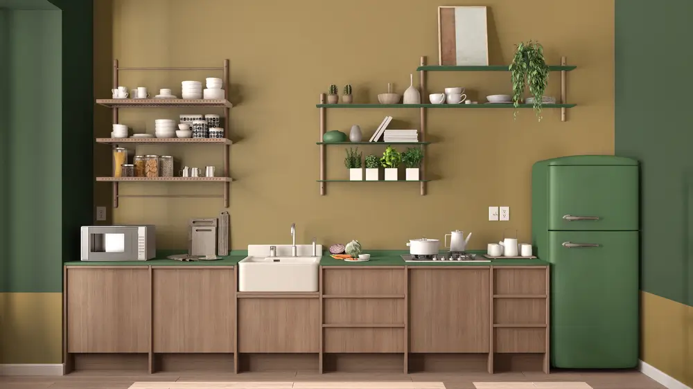 Colori da abbinare al verde per una casa di tendenza 3 Immagine di casa verde e legno