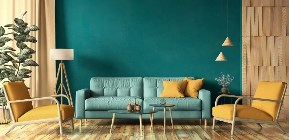 Verde petrolio: come abbinare il divano in salone 10 Immagine di divano verde parete colorata