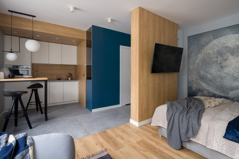 Come nascondere il letto in un monolocale? 7 Immagine di monolocale con legno 1