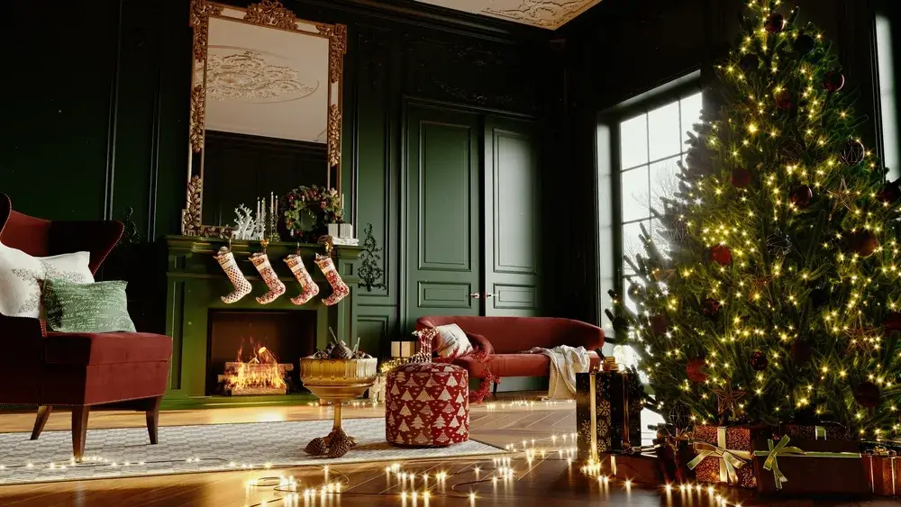 Natale attorno al camino: decorare con i tessuti 2 Immagine di camino natalizio